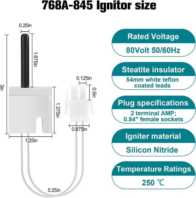 MOHTOL Upgraded 768A-845 Furnace Hot Surface Ignitor Replacement Compatible with Emerson White-Rodgers Trane Silicon Nitride Ignitor, 768A-845 Replace 768A-5 IGN00104 X13130524010 B340970P01 - Image 2